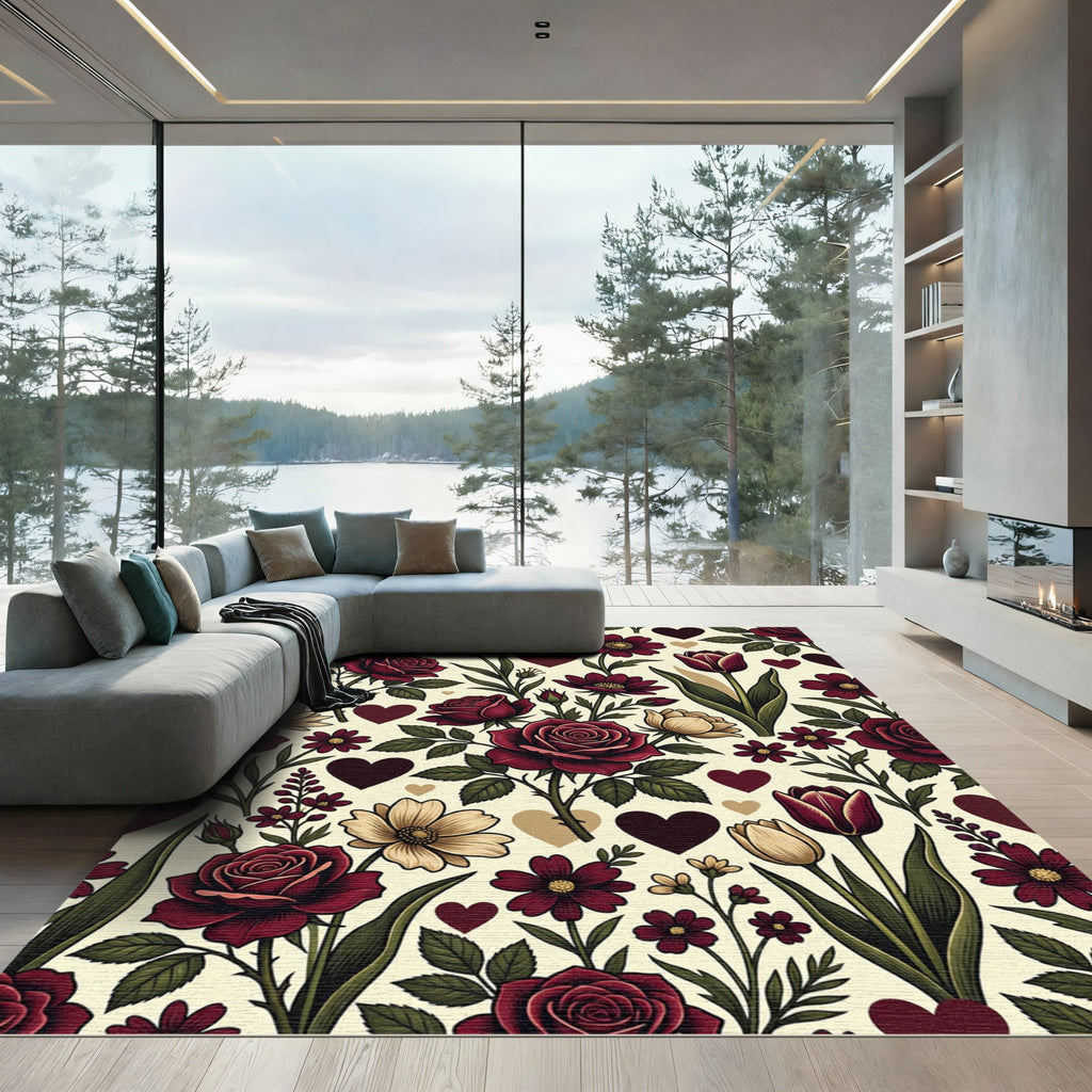 Romantic Crimson Rose Floral Heart Art Rug