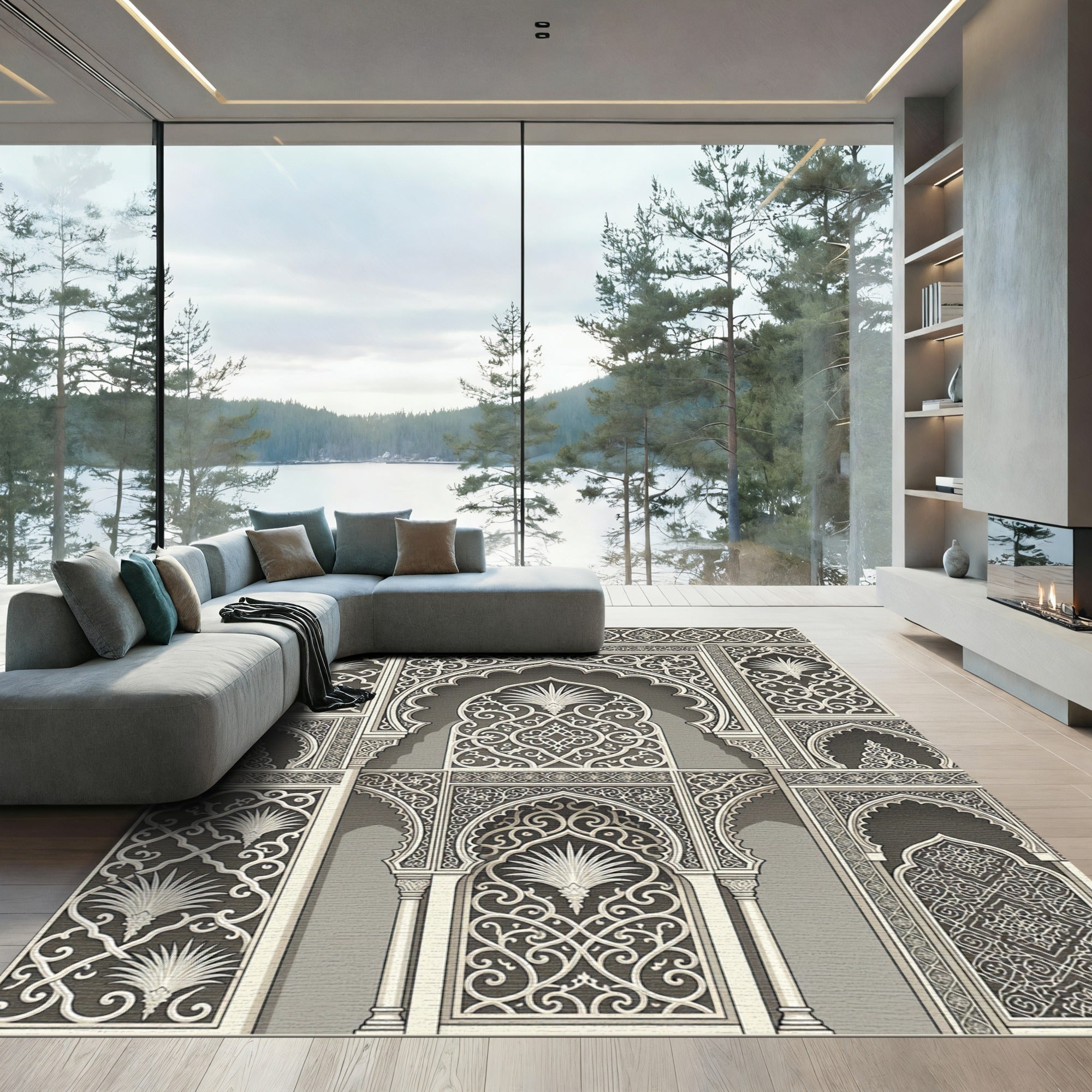 Intricate Gilded Arabesque Arch Scrollwork Rug