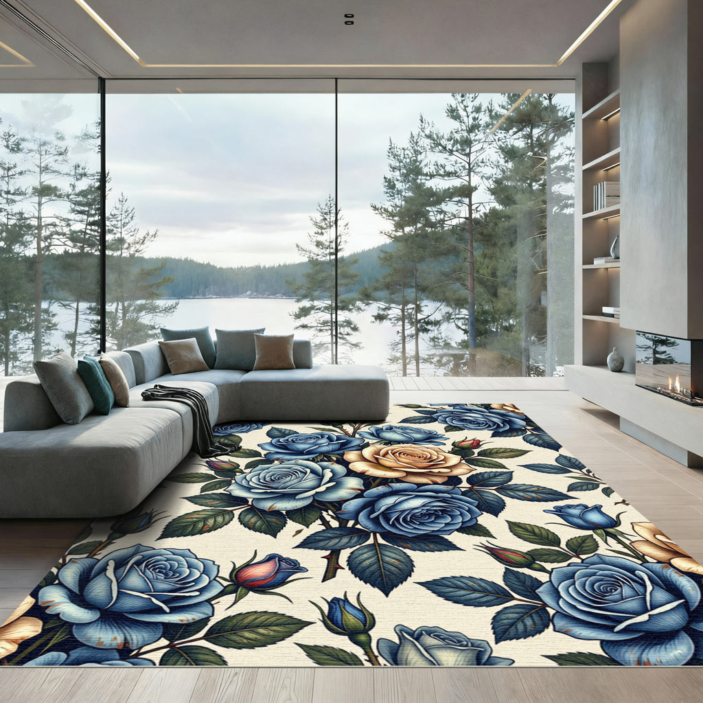 Deep Blue Sepia Rose Garland Rug