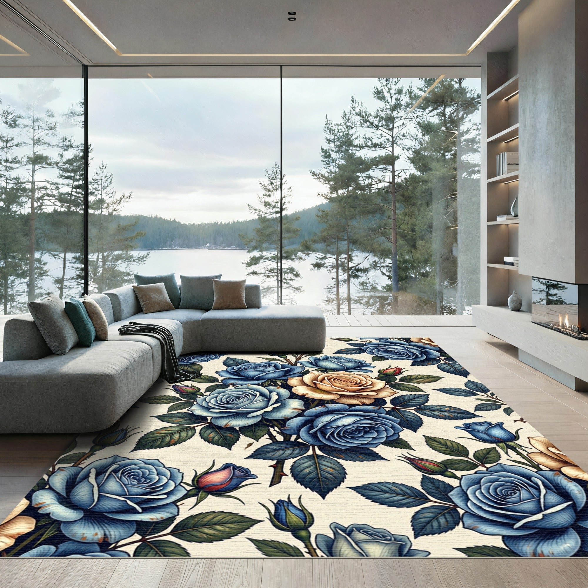 Deep Blue Sepia Rose Garland Rug