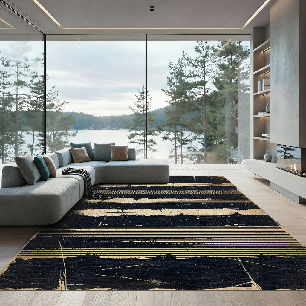Black Gold Geometric Stripe Grunge Rug
