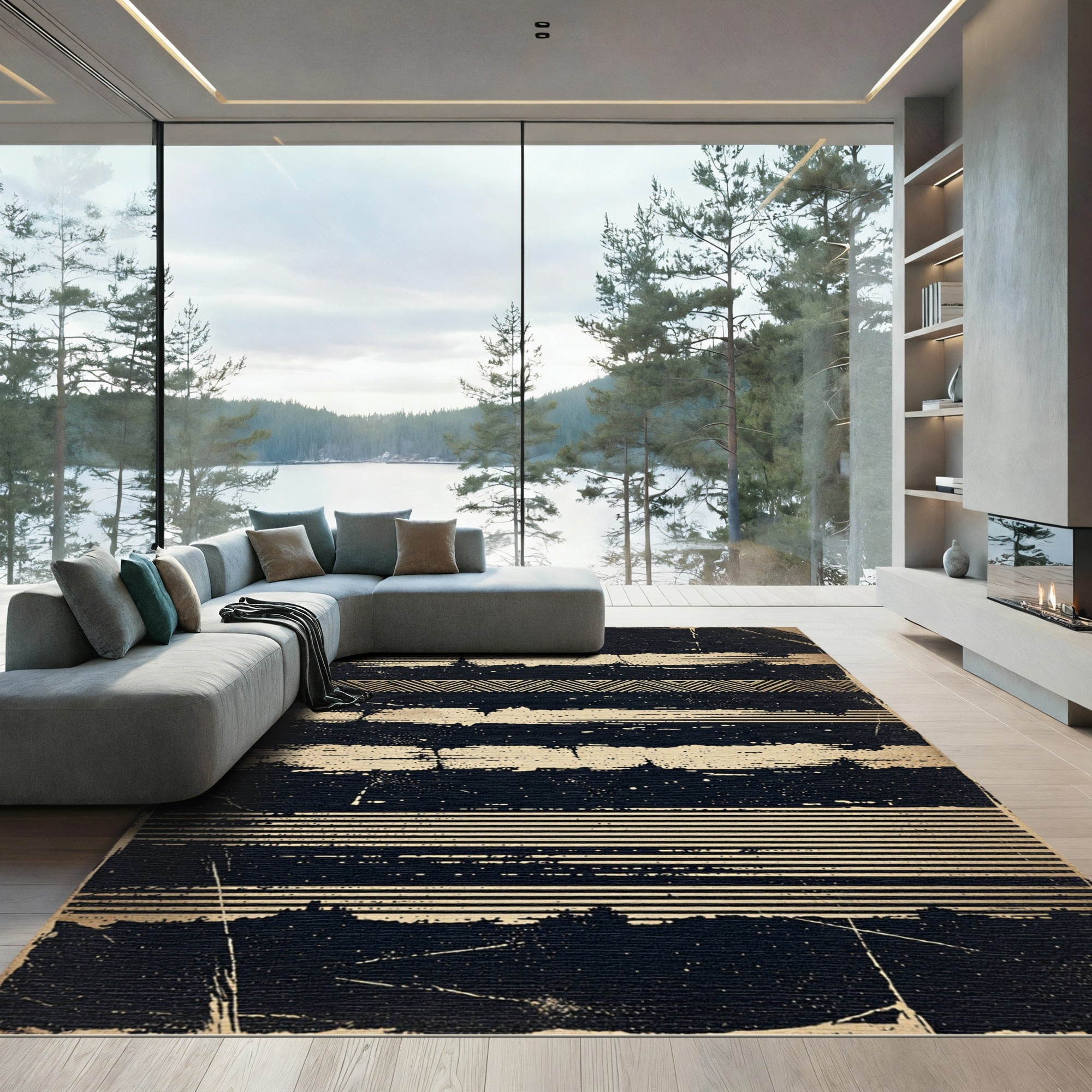 Black Gold Geometric Stripe Grunge Rug