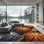 Dynamic Orange and Silver Basketball Spheres Rug