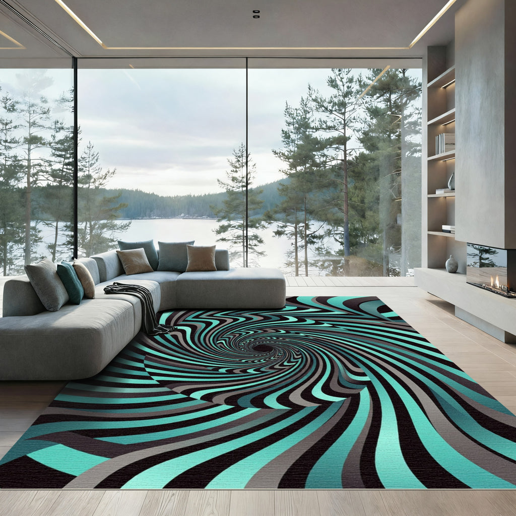 Modern Teal and Charcoal Vortex Swirl Rug
