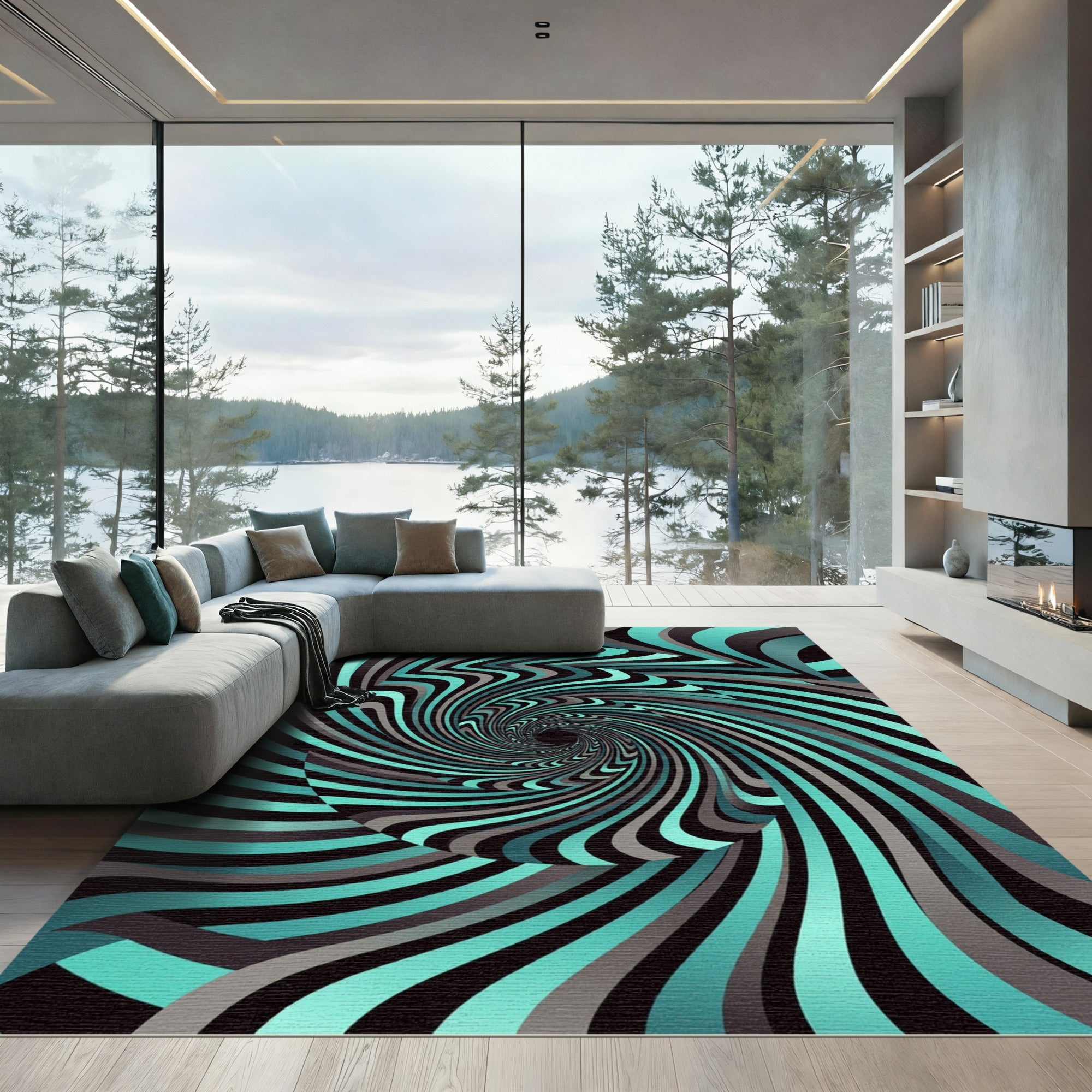 Modern Teal and Charcoal Vortex Swirl Rug