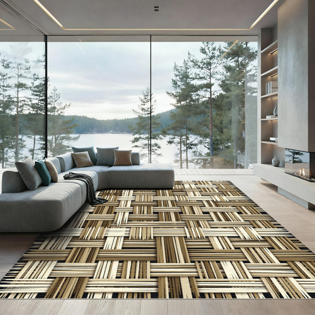 Textured Neutral Woven Basket Grid Rug