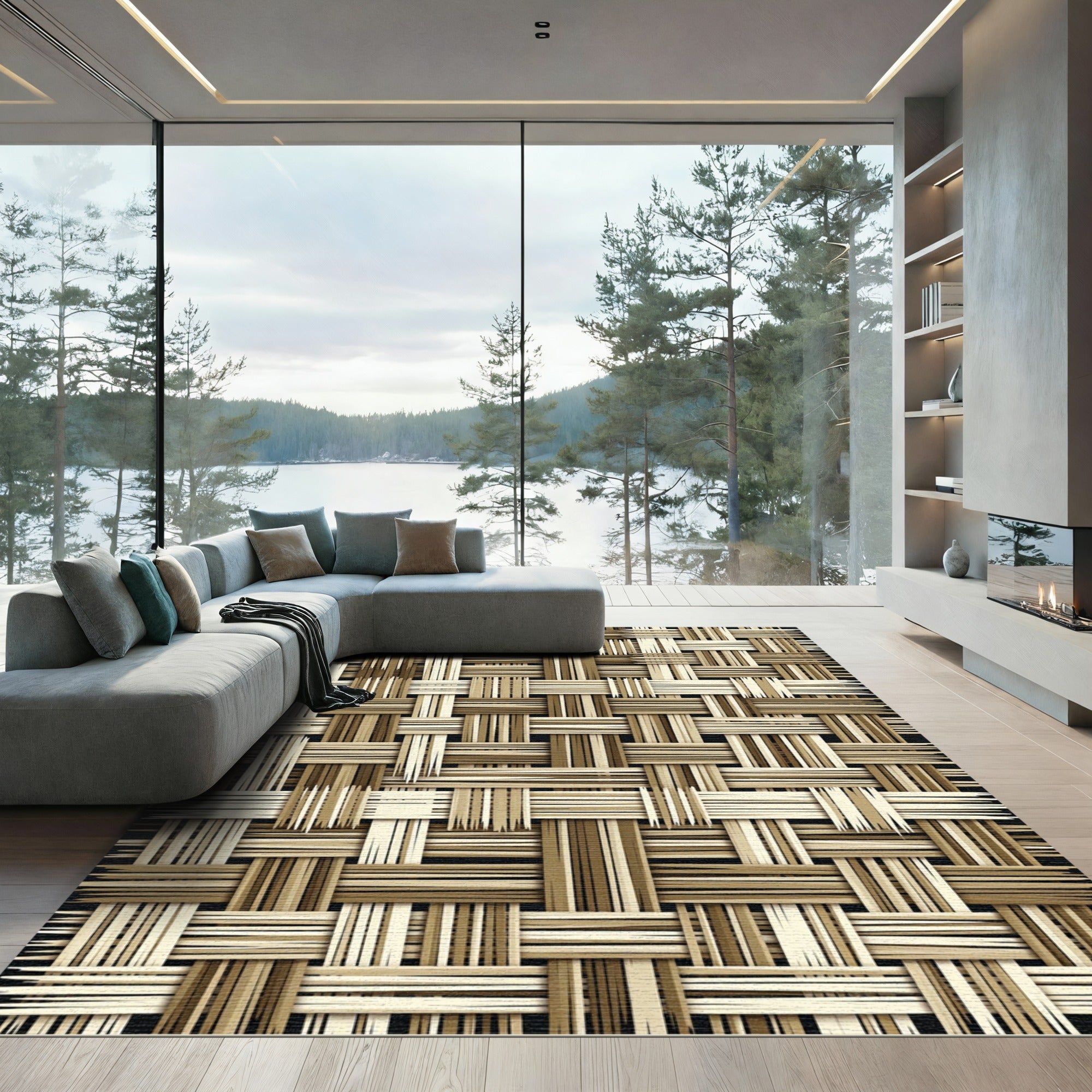 Textured Neutral Woven Basket Grid Rug