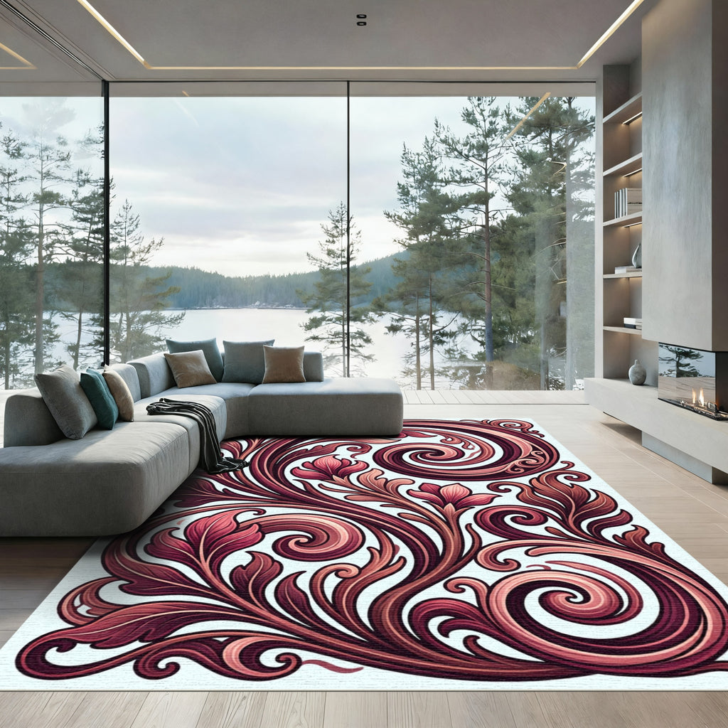 Crimson Blush Floral Swirl Ornament Rug