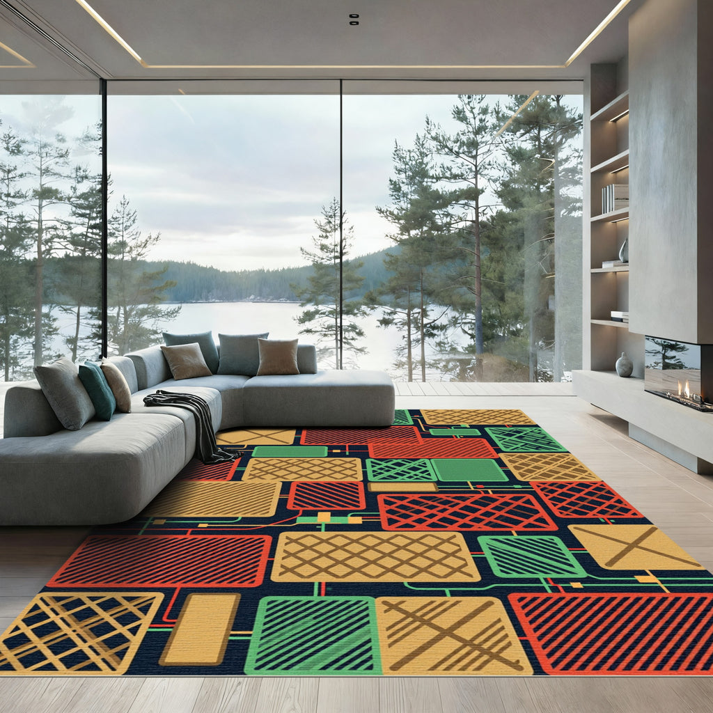 Mid-Century Modern Geometric Multicolored Grid Rug
