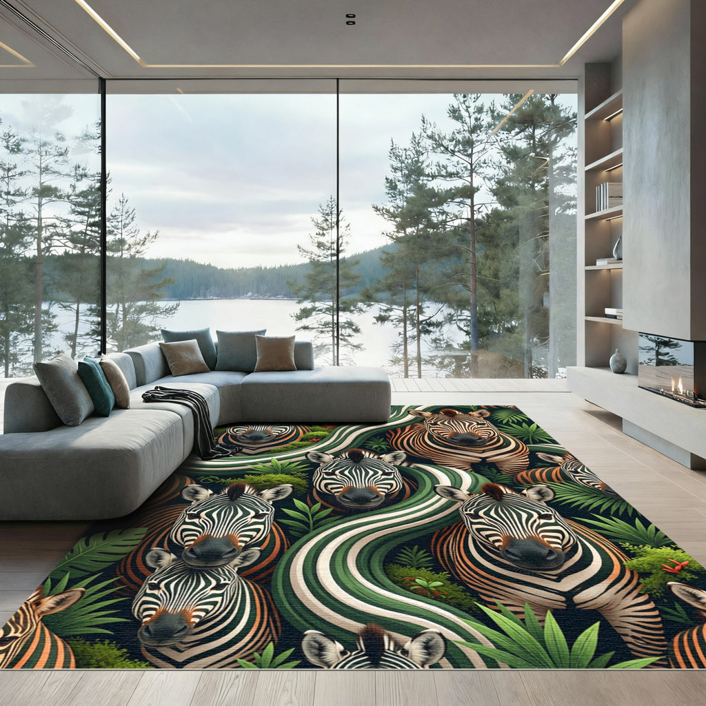 Vibrant Tropical Zebra Jungle Scene Rug