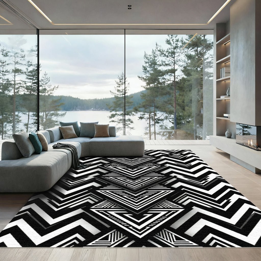 Black and White Geometric Zigzag Chevron Rug