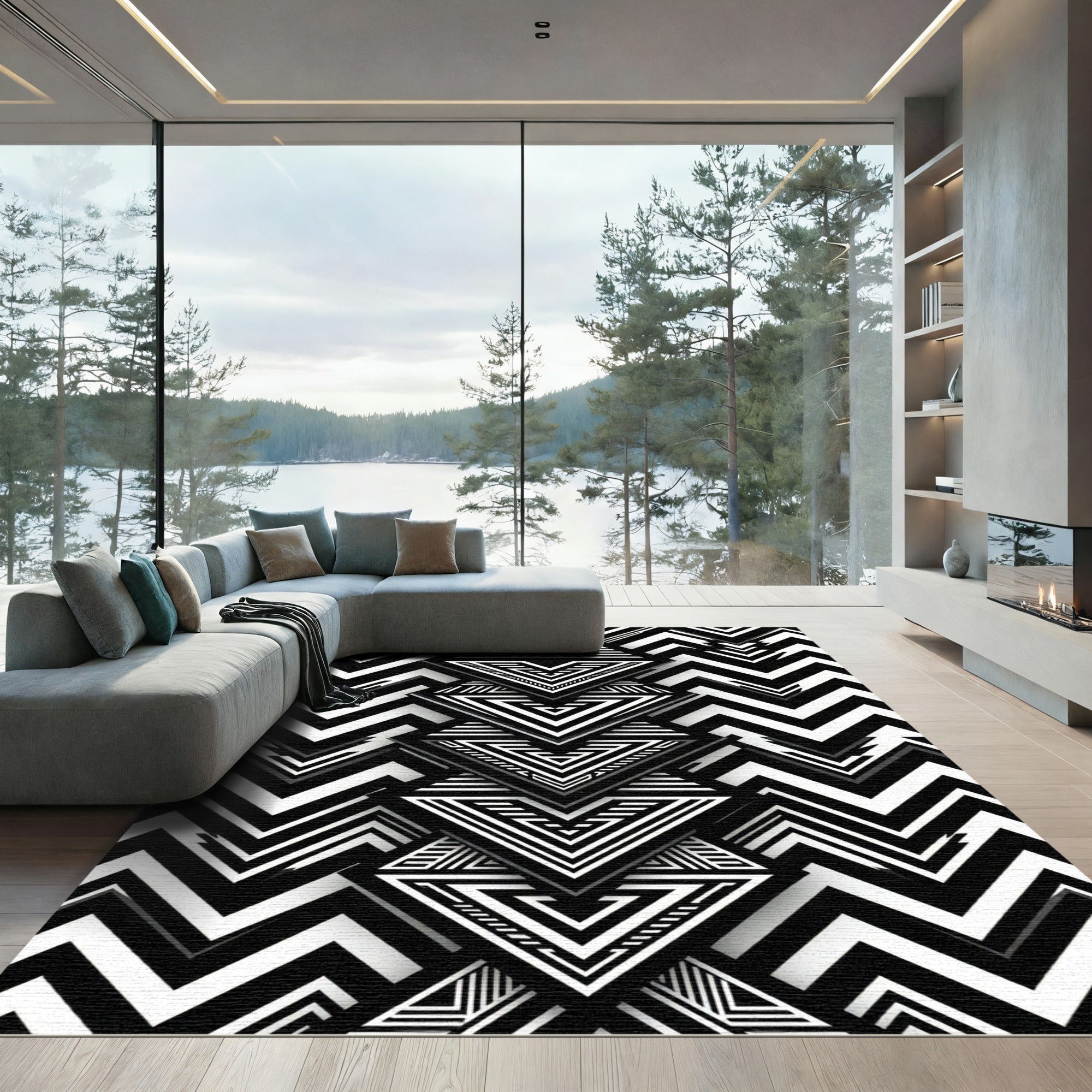 Black and White Geometric Zigzag Chevron Rug