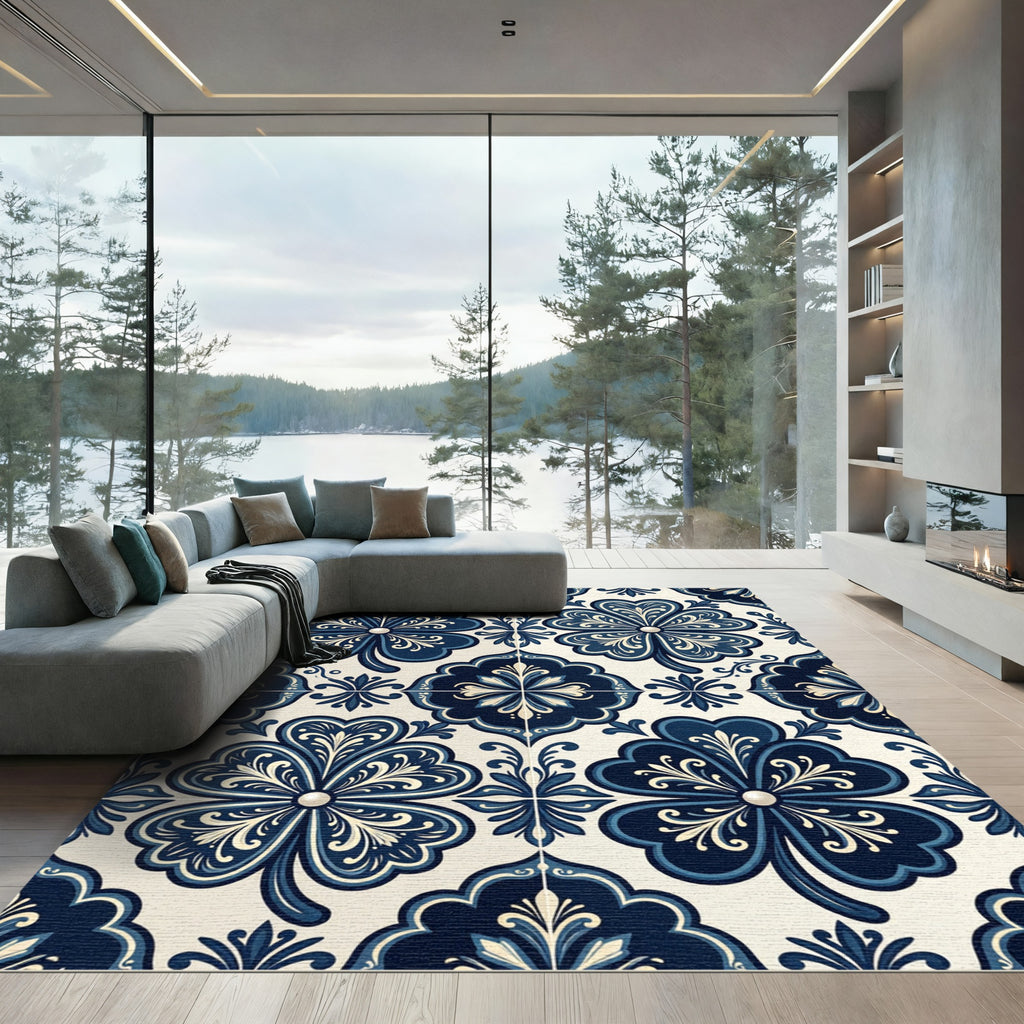 Deep Blue Quatrefoil Porcelain Tile Rug