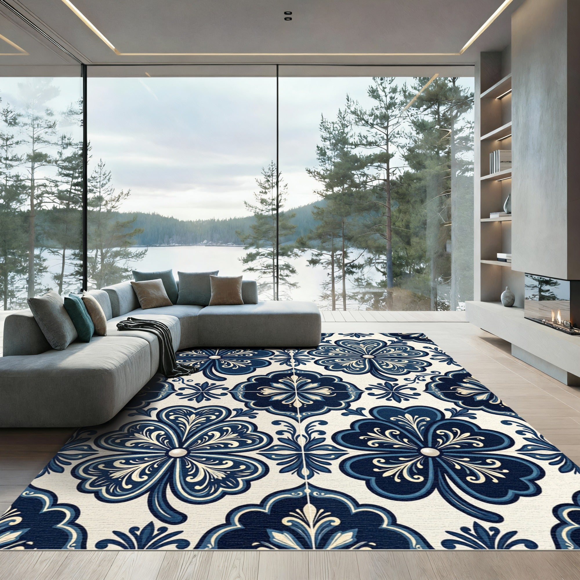 Deep Blue Quatrefoil Porcelain Tile Rug