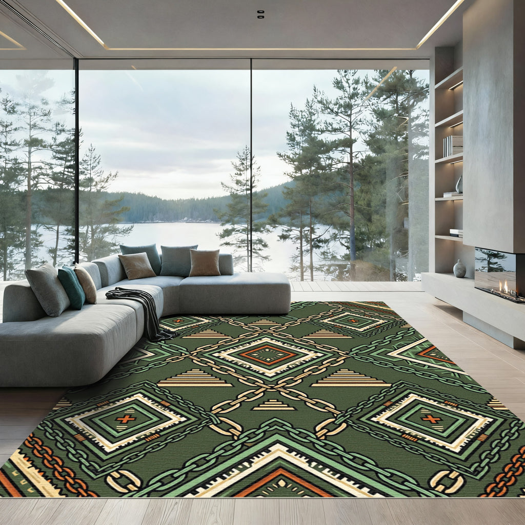 Sage Geometric Chain Link Stepped Tile Rug
