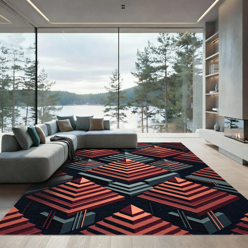 Isometric Crimson Pyramids Slate Abstract Rug