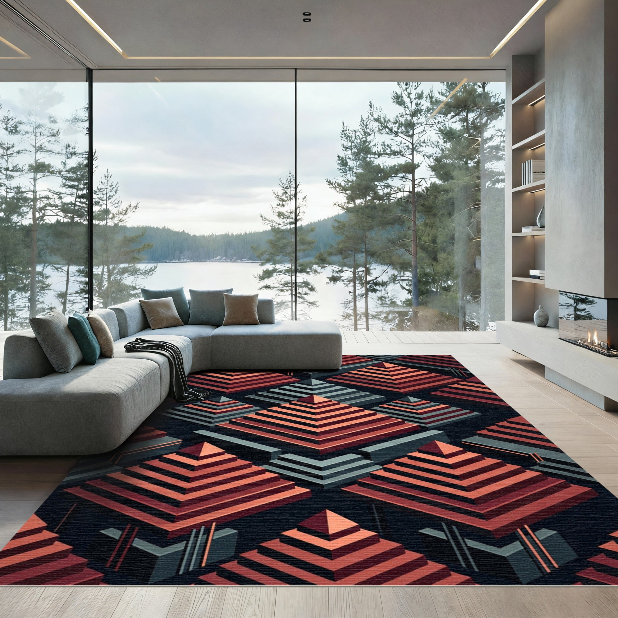 Isometric Crimson Pyramids Slate Abstract Rug