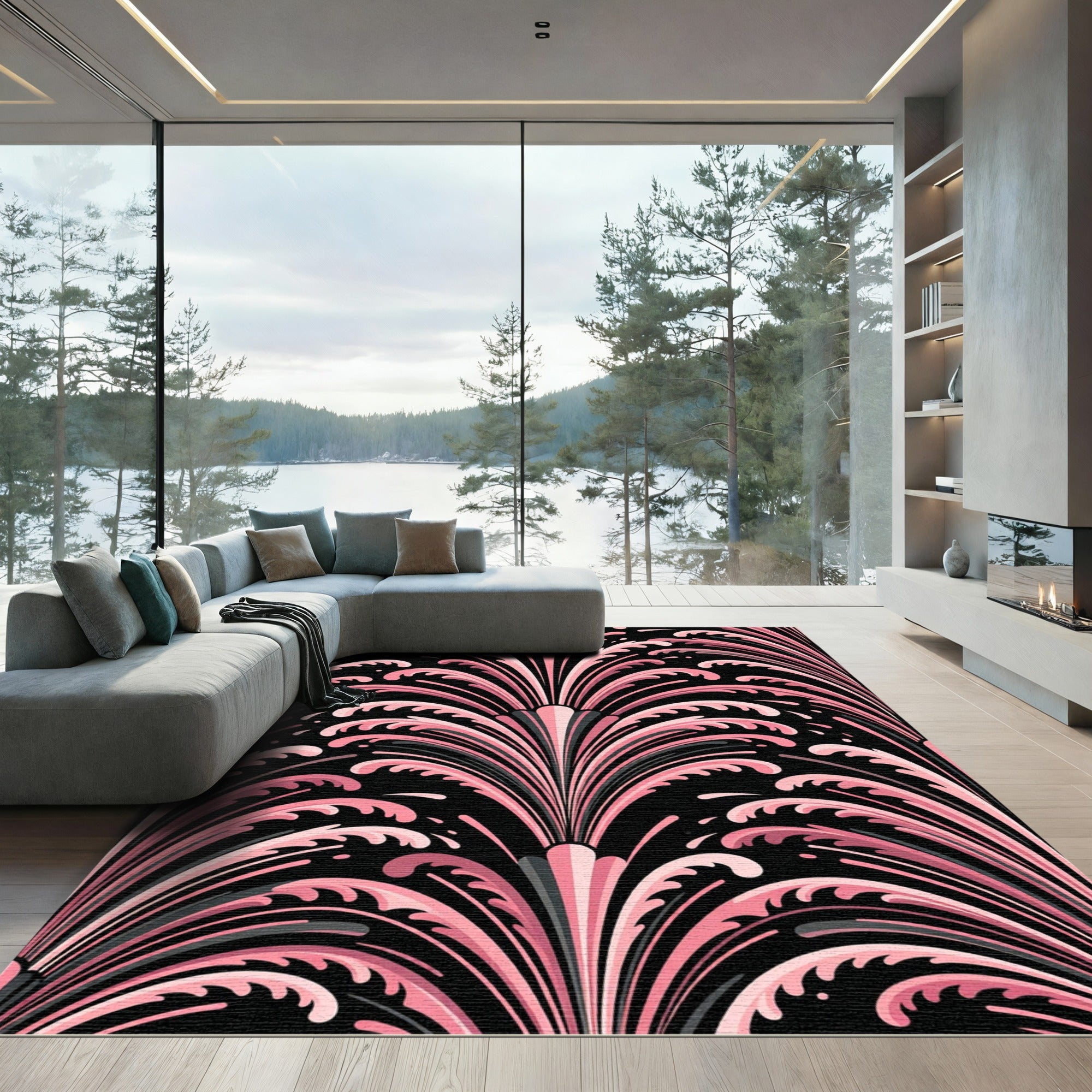 Art Deco Pink Leaf Fountain Art Rug