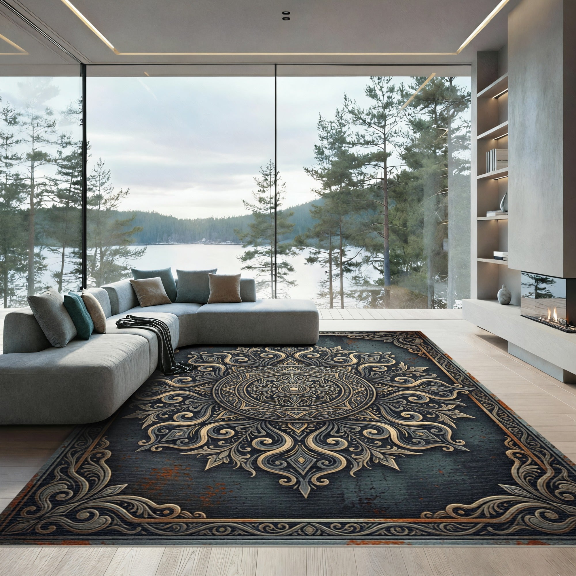 Ornate Golden Medallion Charcoal Filigree Rug