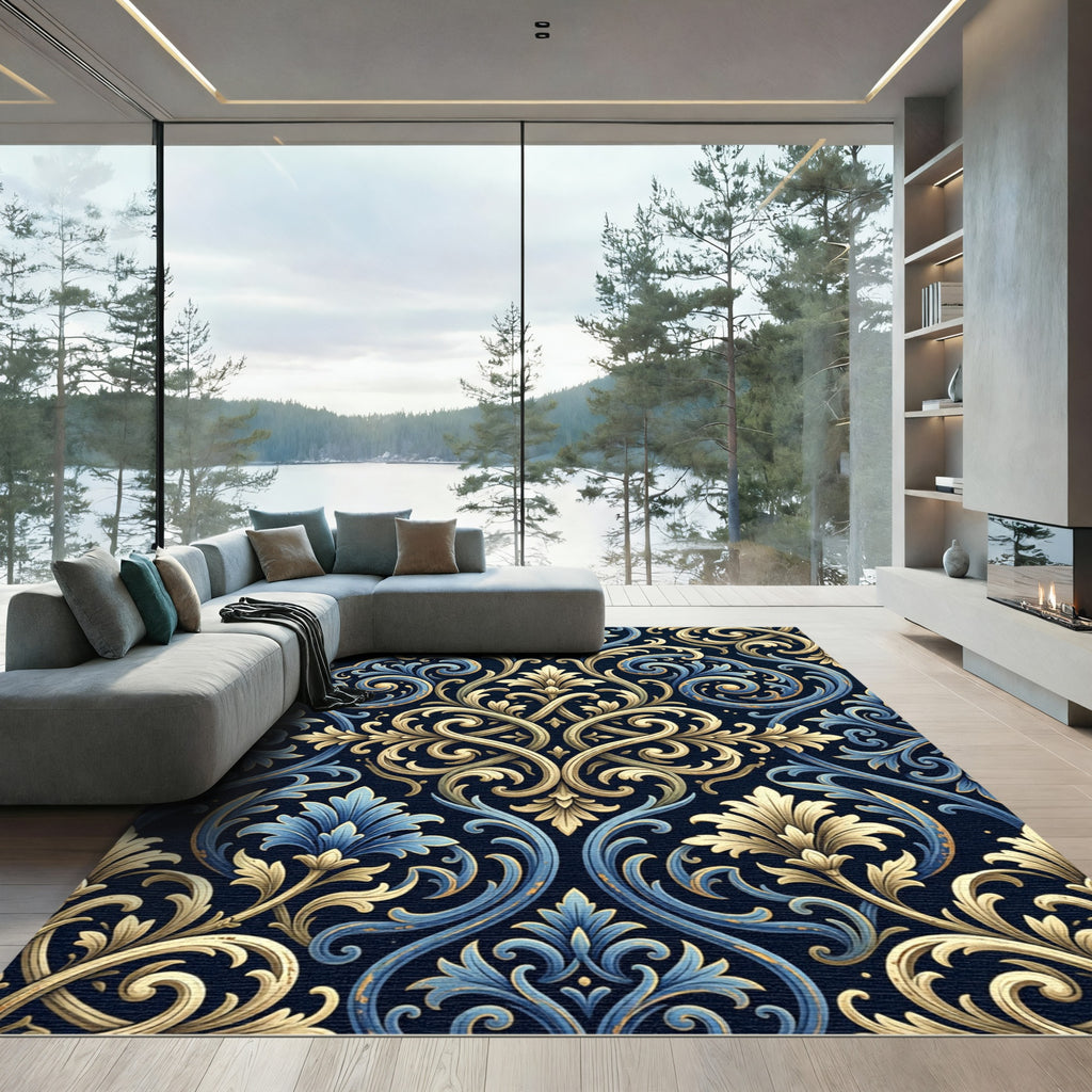 Regal Blue Gold Damask Ornate Rug