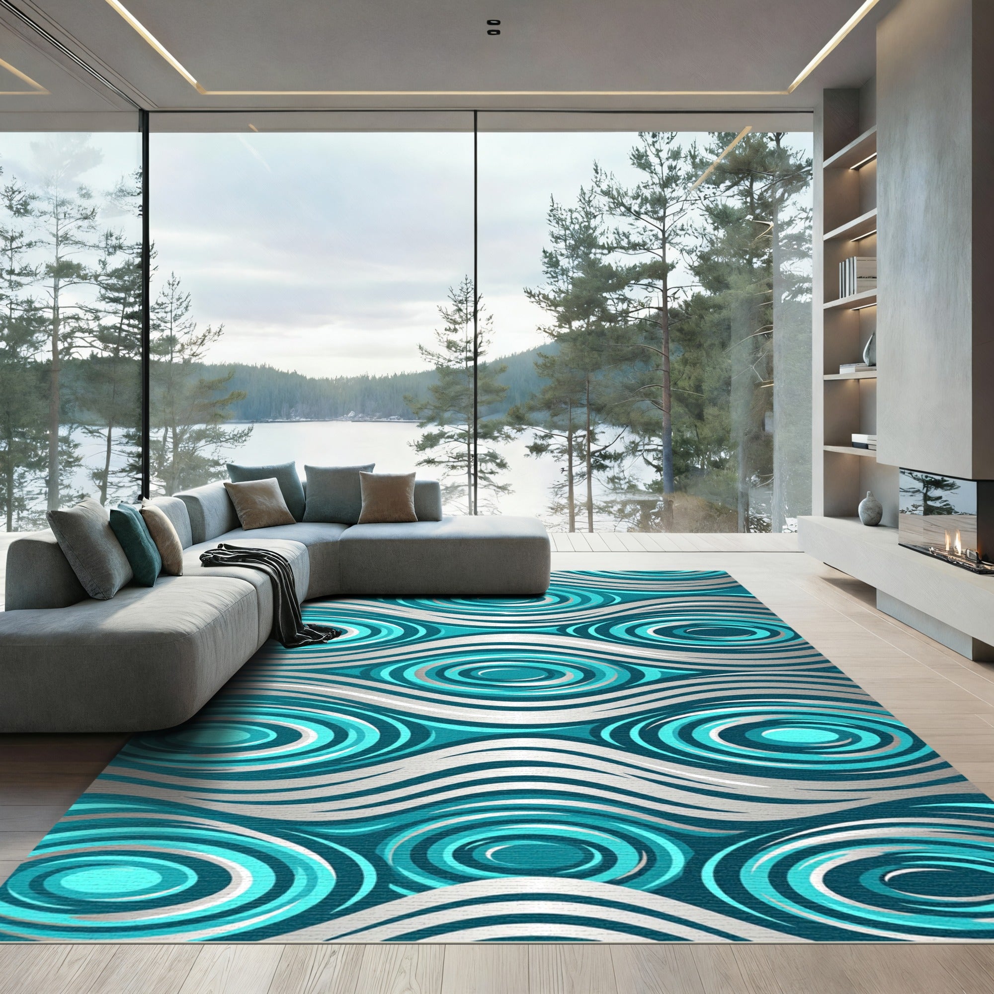 Modern Teal and Silver Rippled Swirl Rug
