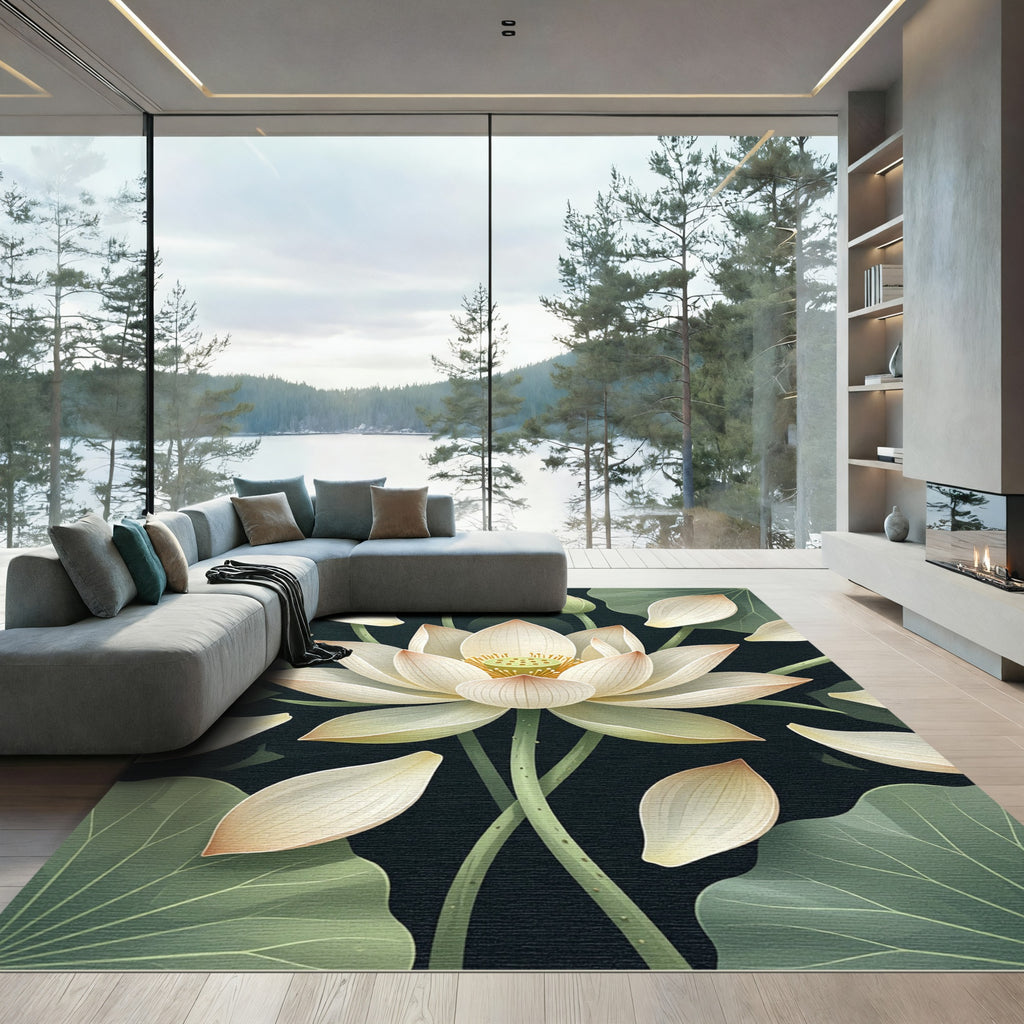 Elegant White Lotus Bloom Botanical Rug