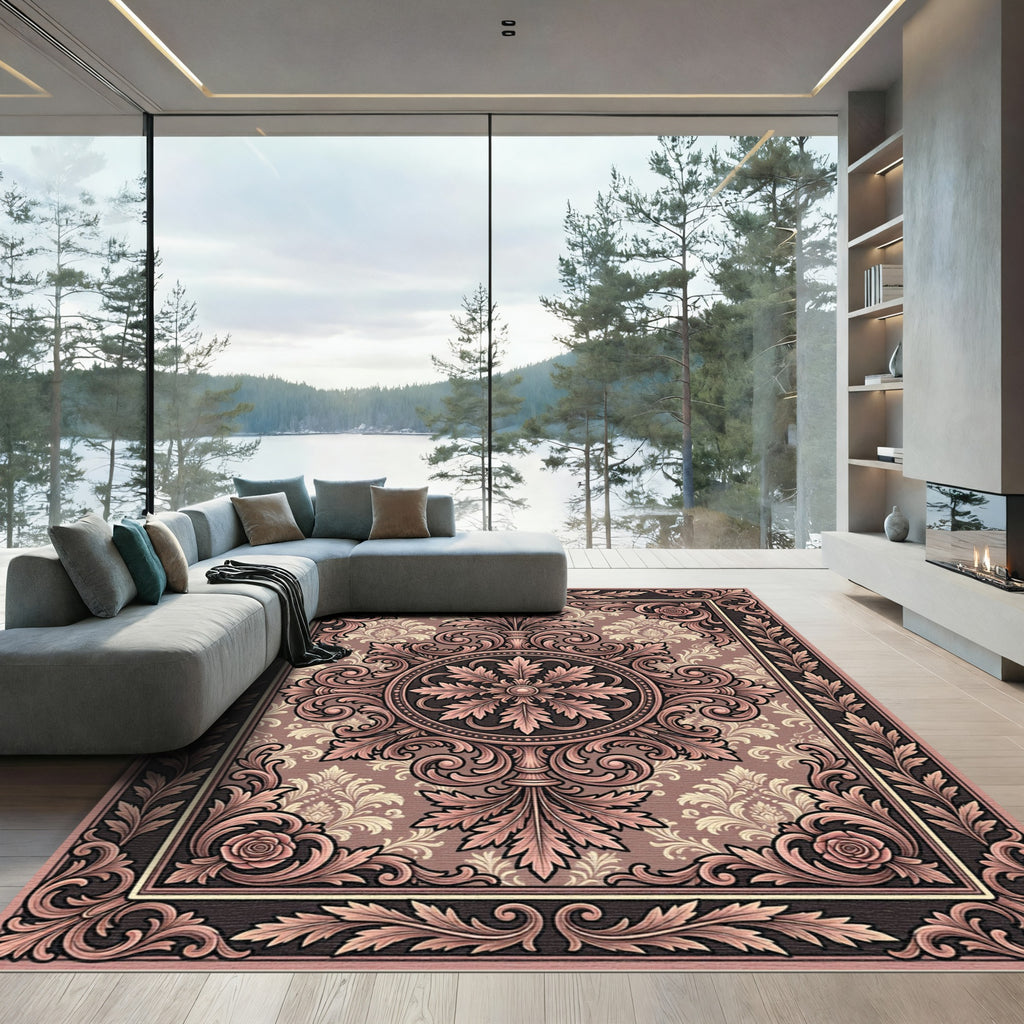 Ornate Mauve Damask Floral Medallion Rug