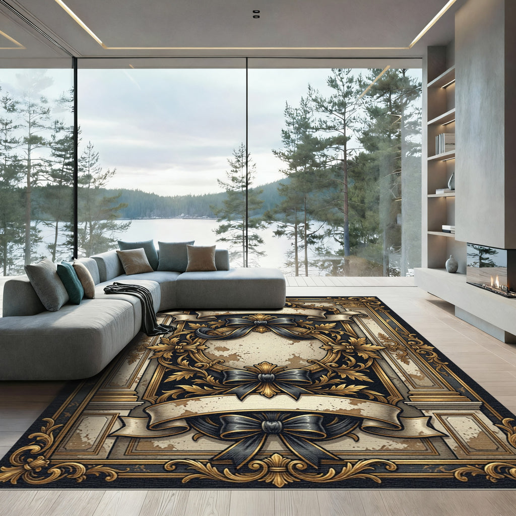Ornate Gold Black Ribbon Baroque Frame Rug