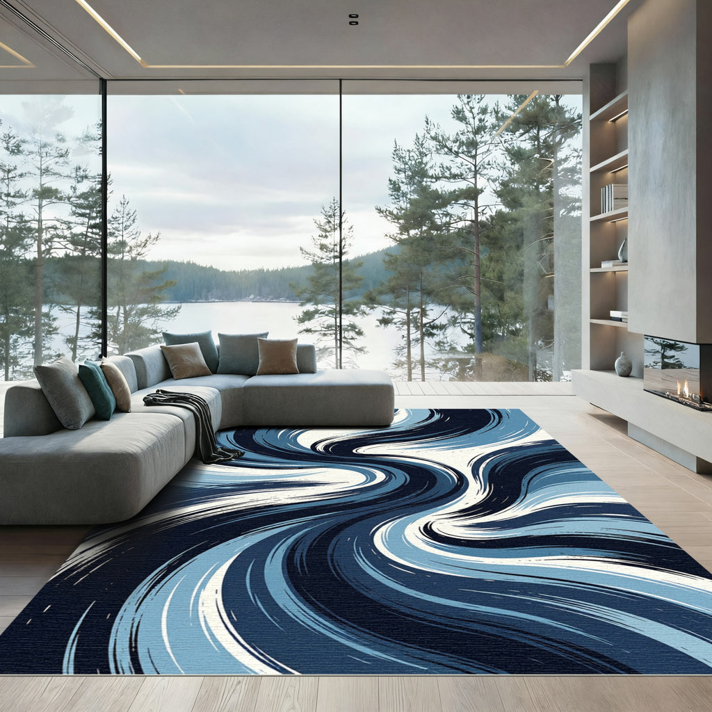 Abstract Navy Blue Swirling Wave Rug