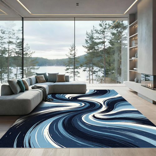 Abstract Navy Blue Swirling Wave Rug