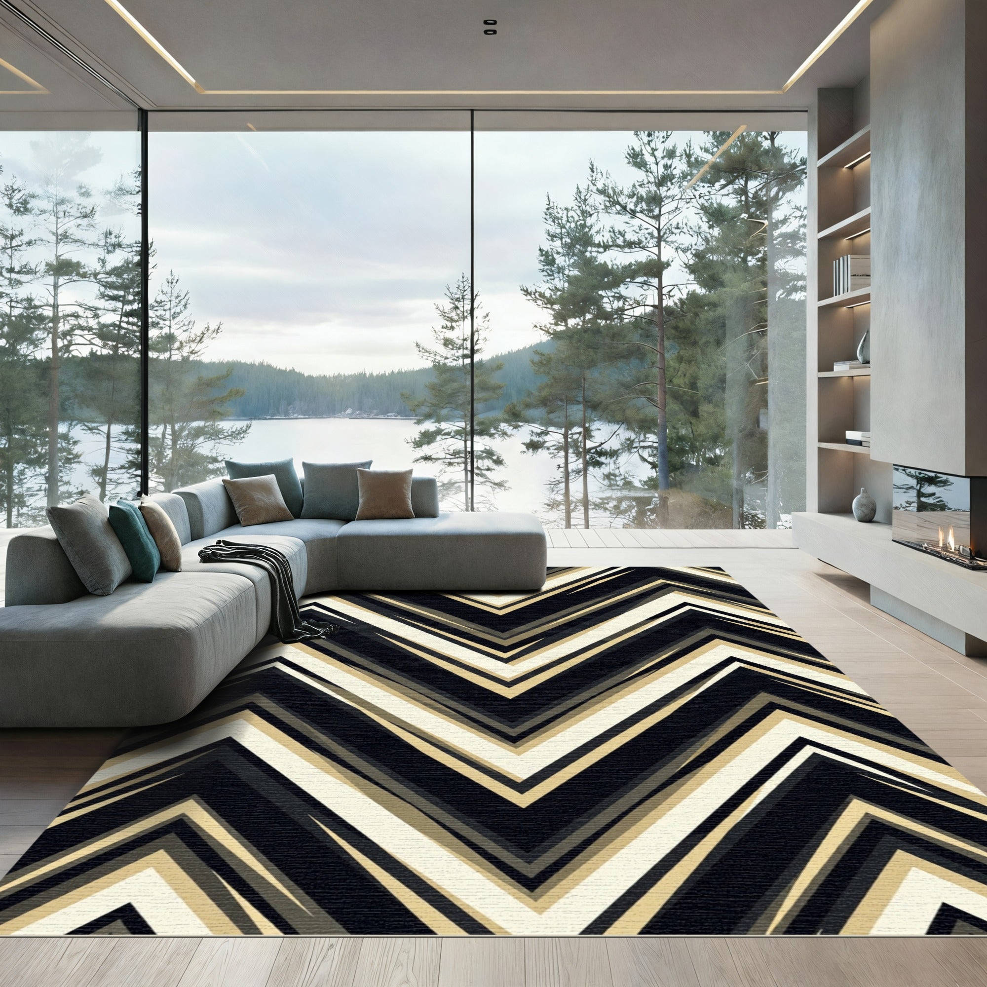 Modern Black Beige Chevron Lines Rug