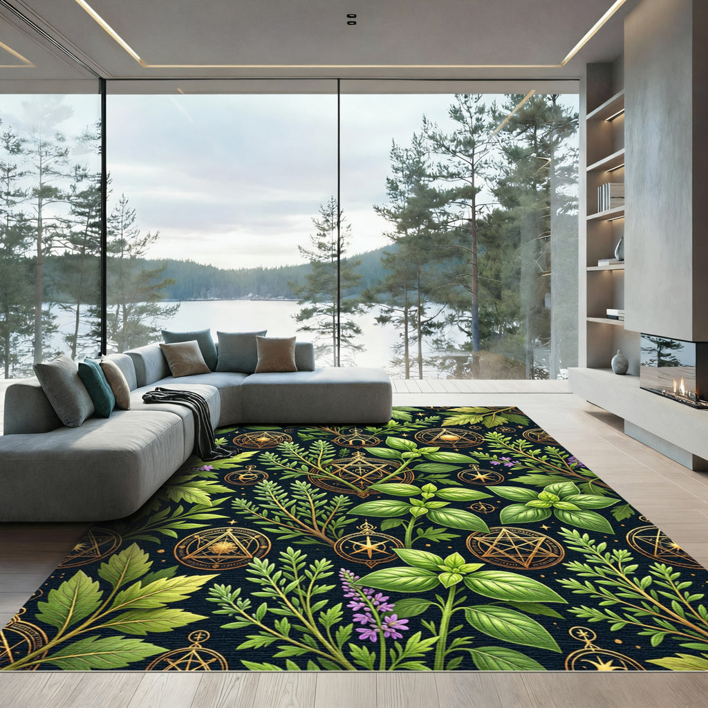 Mystical Golden Herbarium Botanical Alchemy Rug