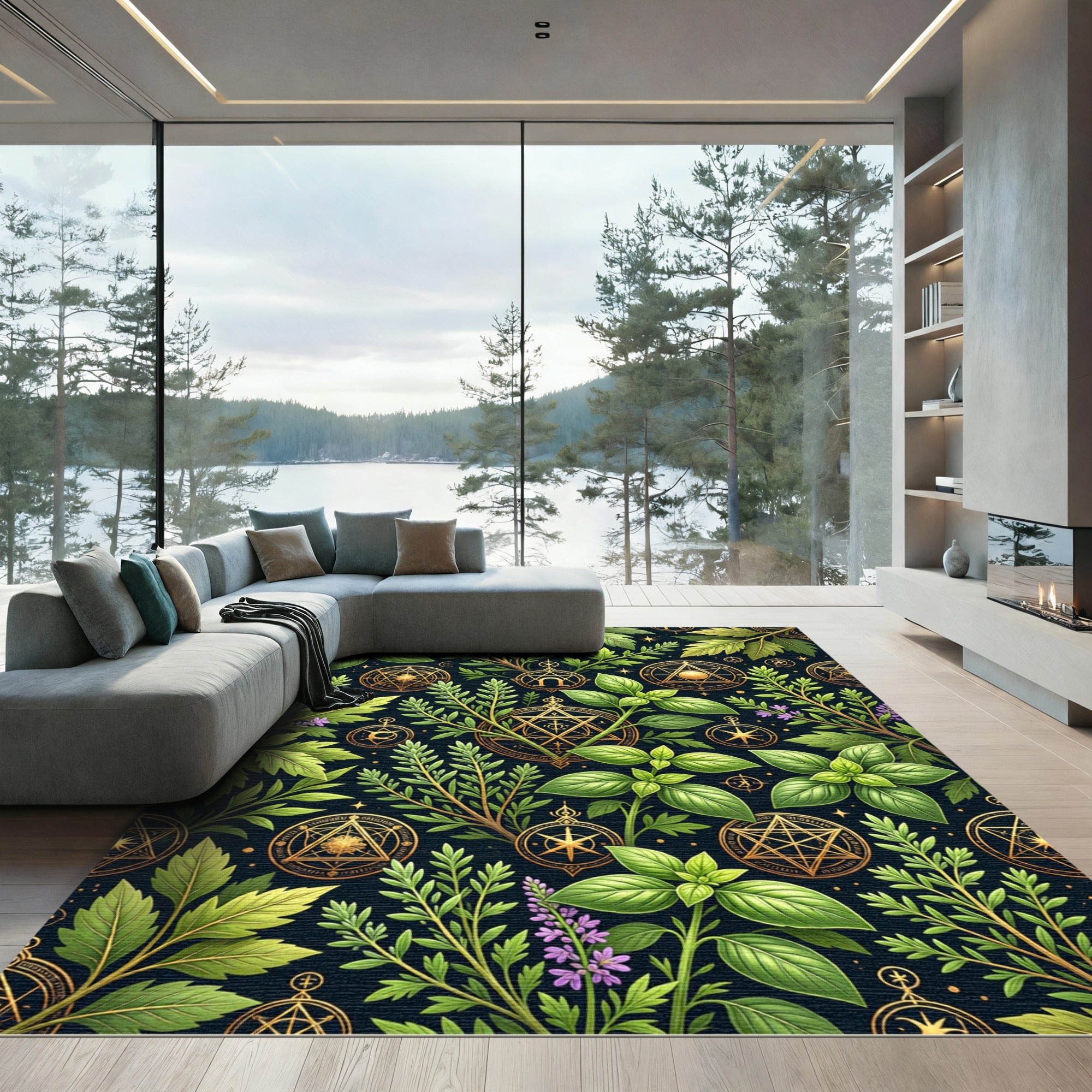 Mystical Golden Herbarium Botanical Alchemy Rug
