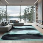 Modern Abstract Teal and Black Brushstroke Rug