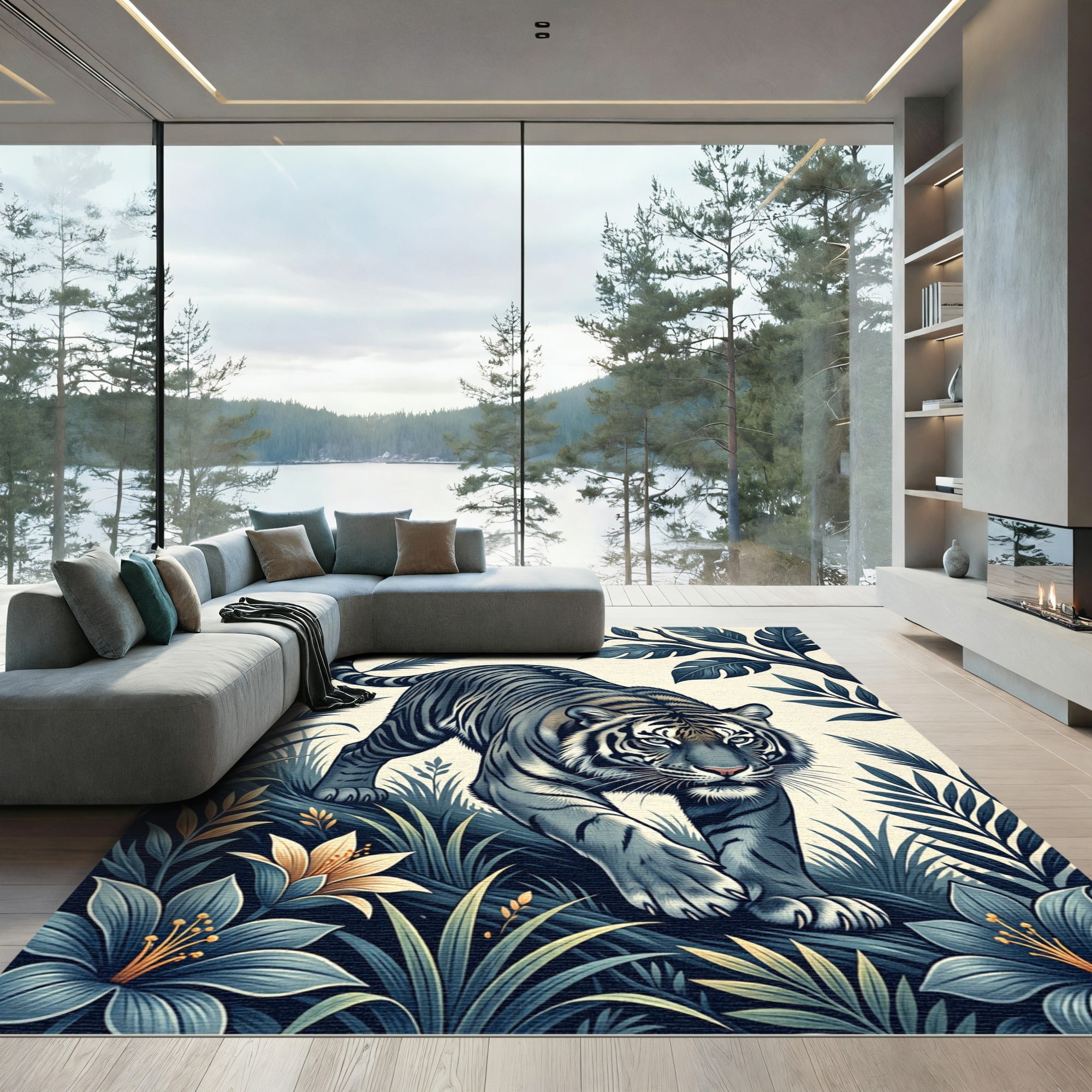 Fierce Gray Tiger Tropical Jungle Rug