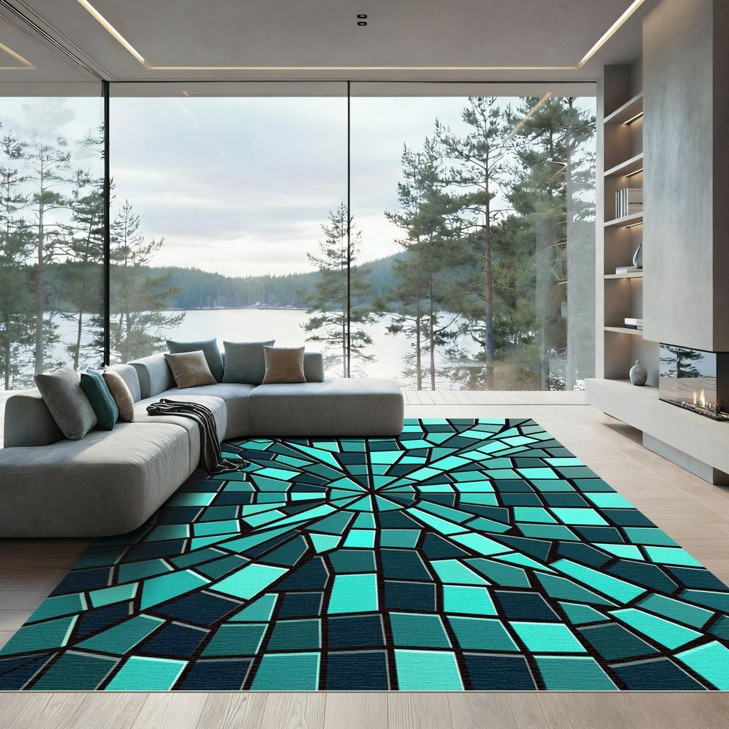 Abstract Teal Geometric Shard Mosaic Rug