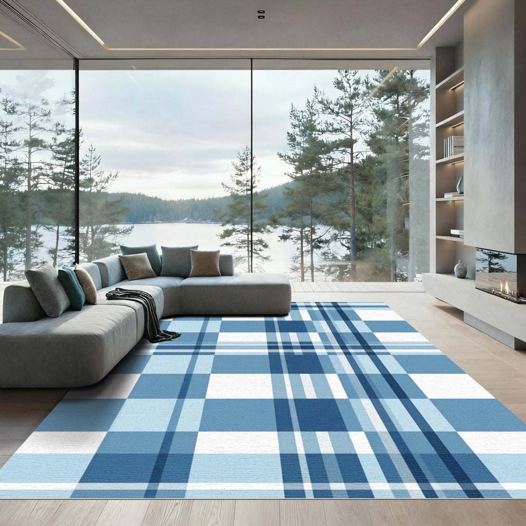 Classic Blue Grid Plaid Check Rug