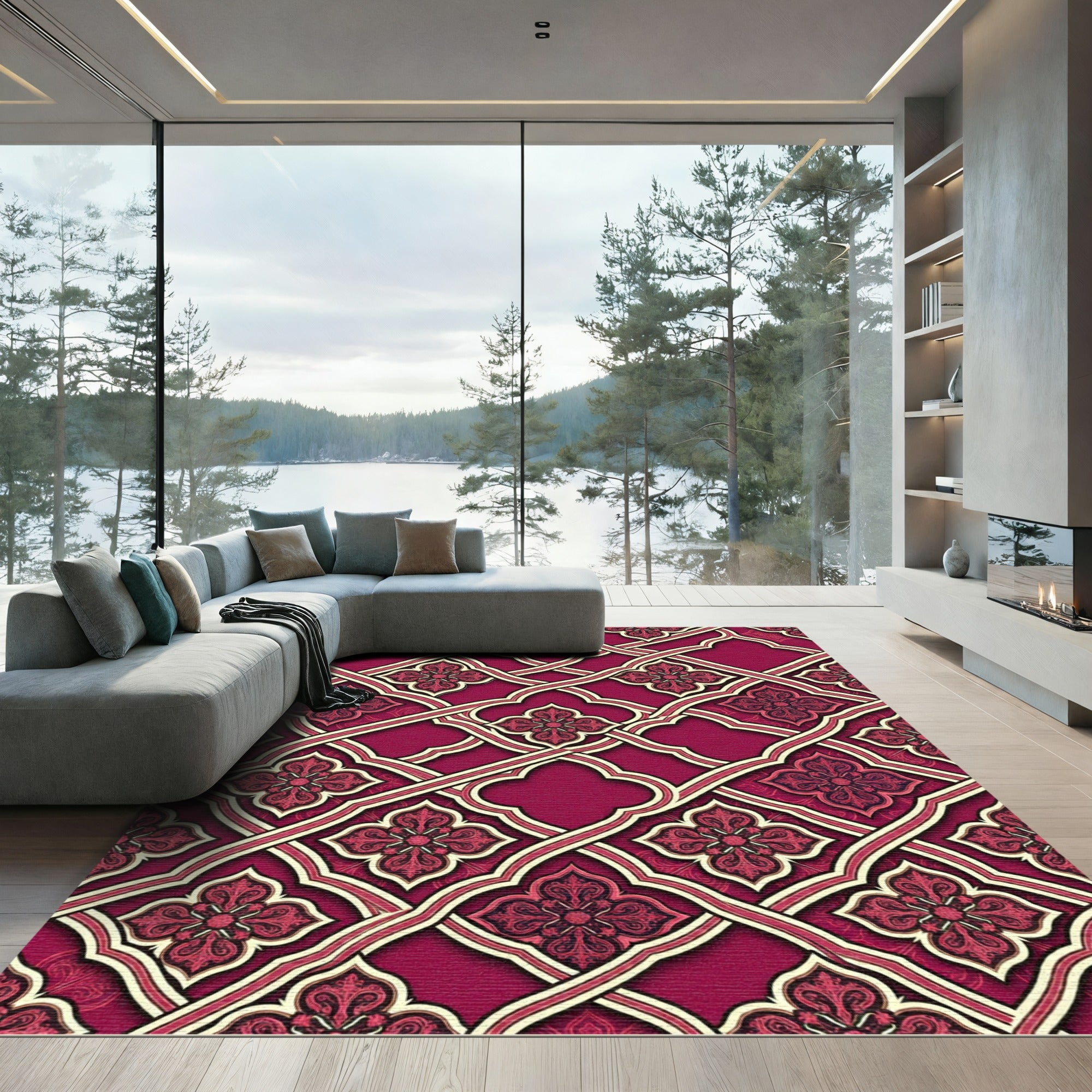 Ornate Crimson Lattice Floral Damask Rug