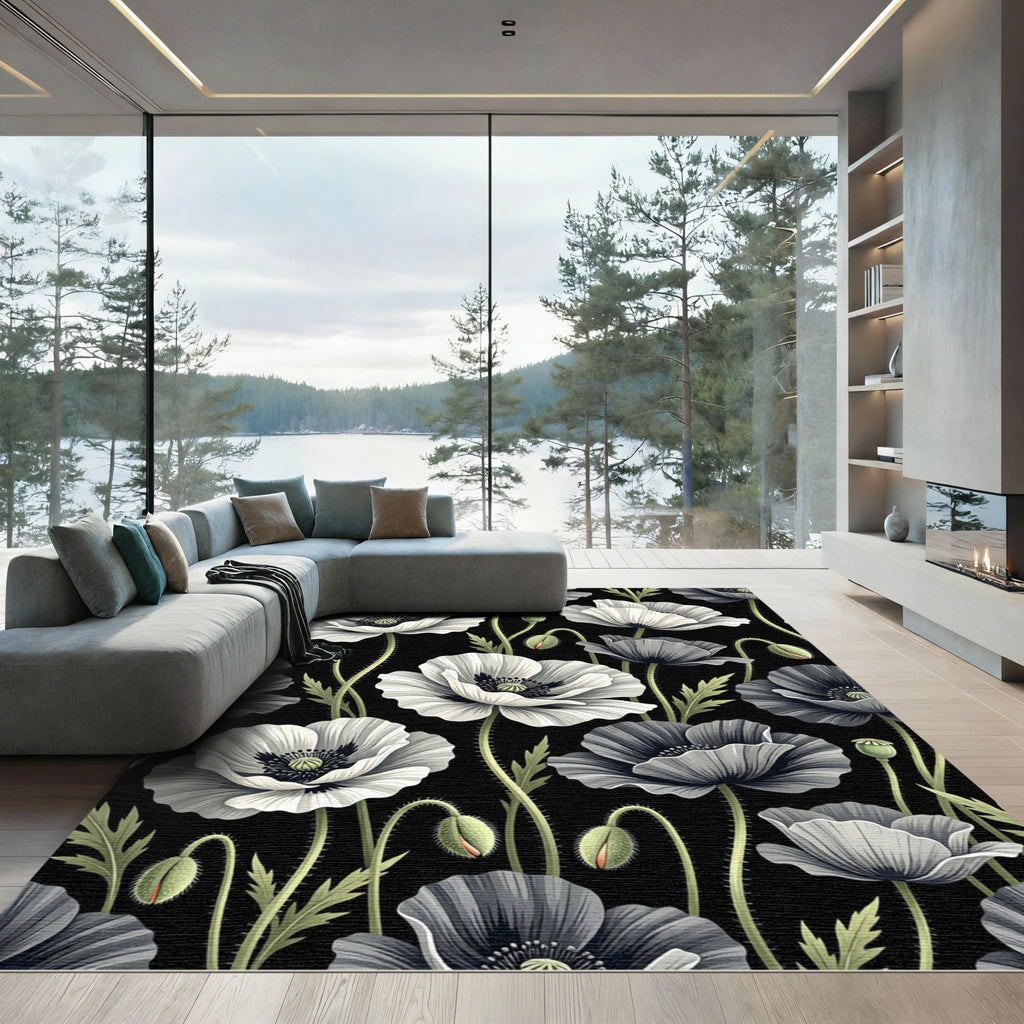 Monochrome White Poppy Floral Botanic Rug