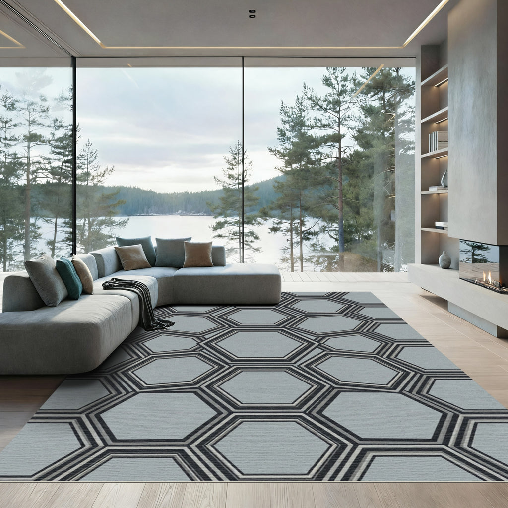 Modern Slate Gray Geometric Hexagon Rug