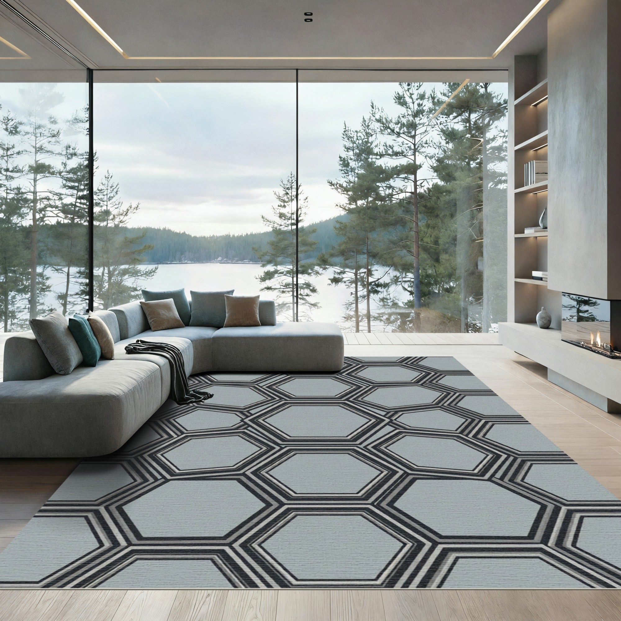 Modern Slate Gray Geometric Hexagon Rug