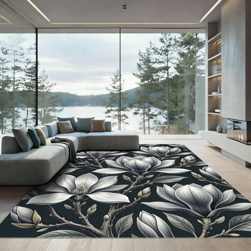 Monochrome White Magnolia Botanical Bloom Rug
