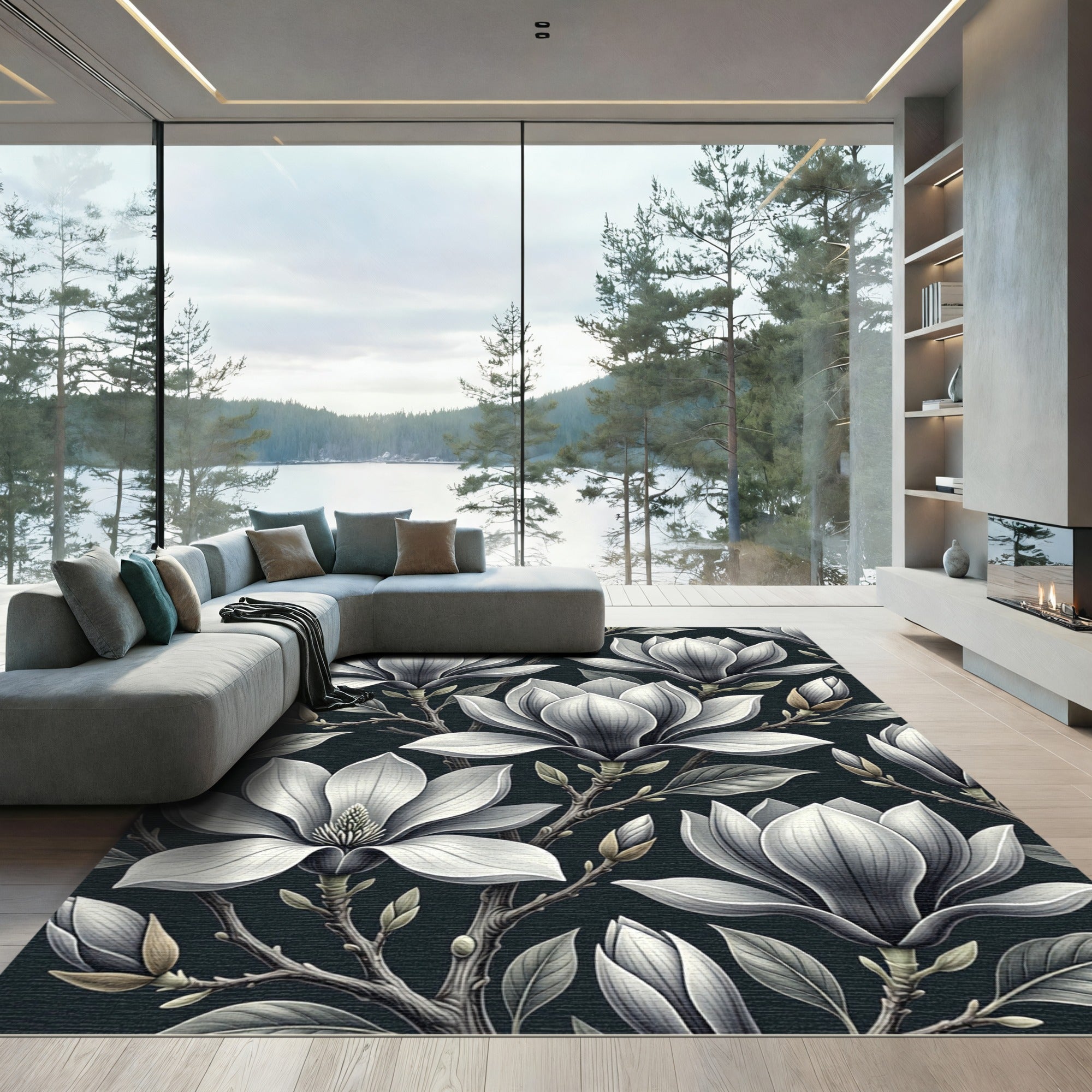 Monochrome White Magnolia Botanical Bloom Rug