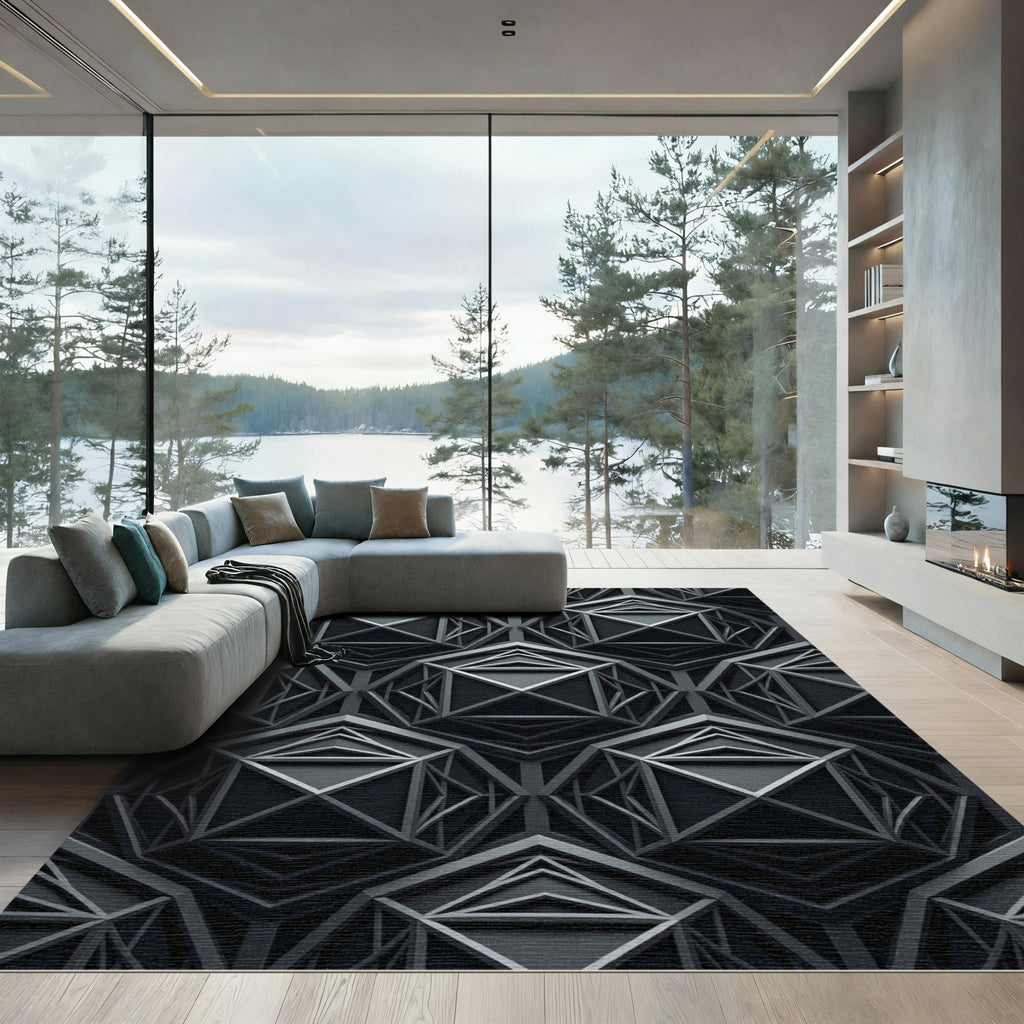 Monochromatic Geometric Structure Overlay Rug