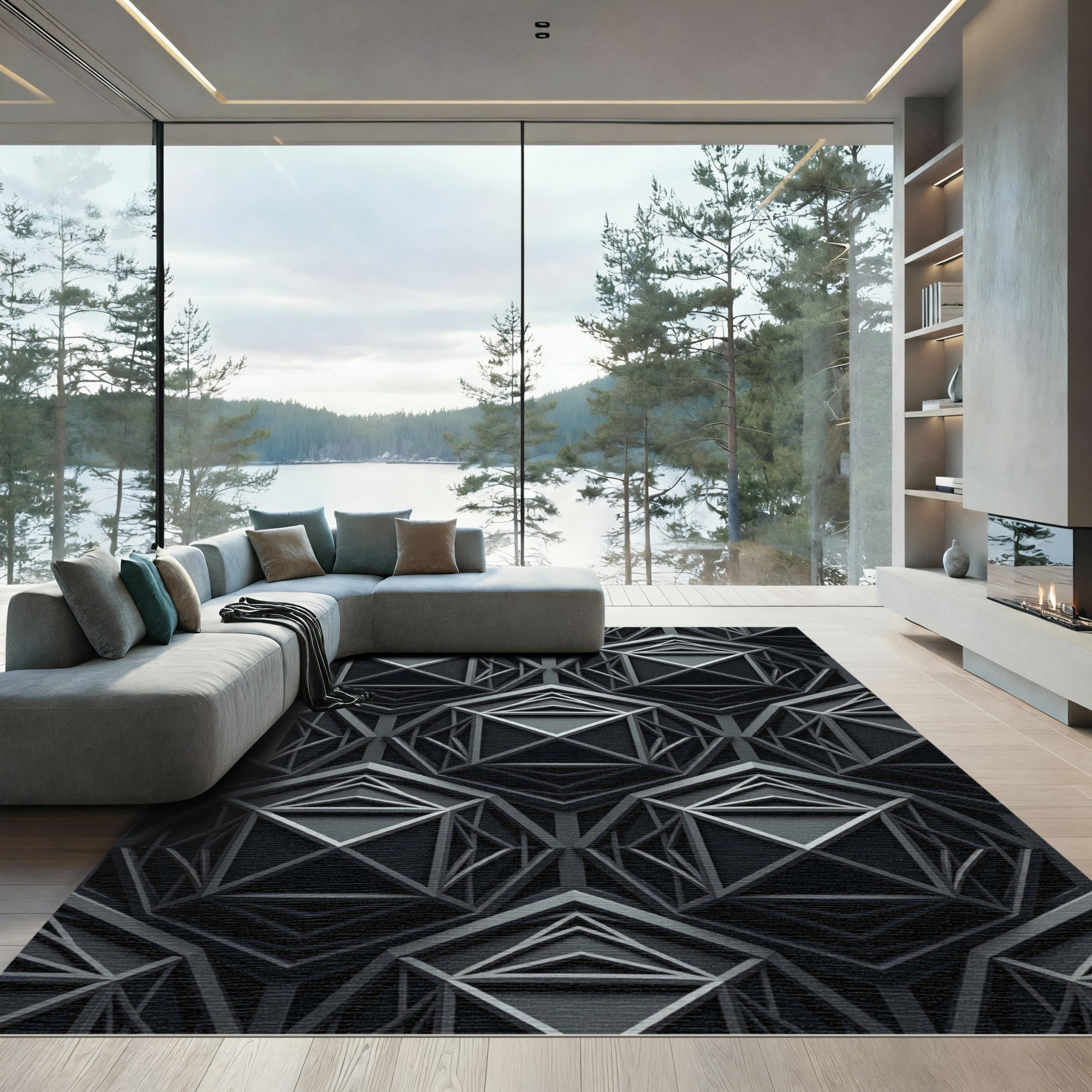 Monochromatic Geometric Structure Overlay Rug