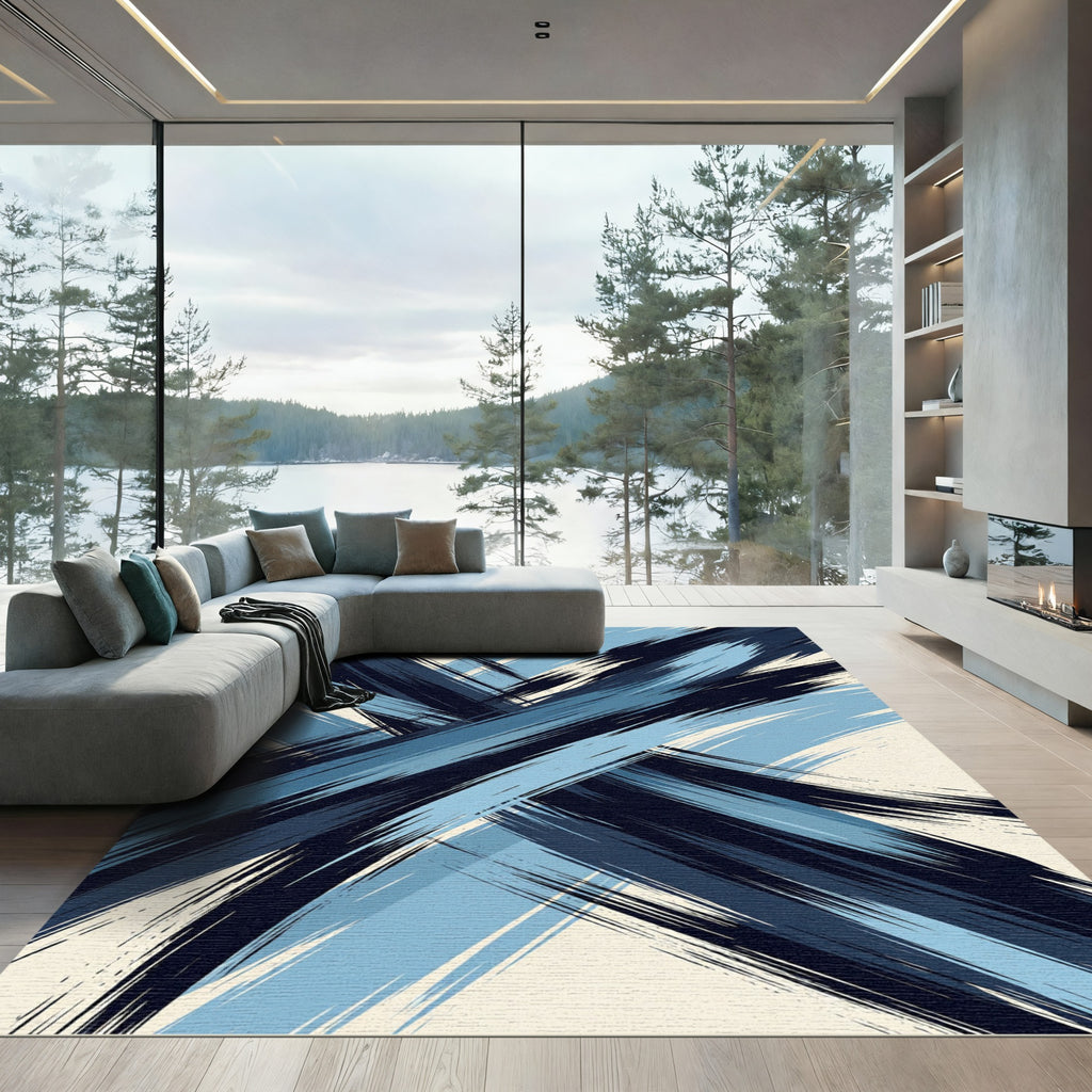 Modern Navy and Light Blue Abstract Brushstrokes Rug