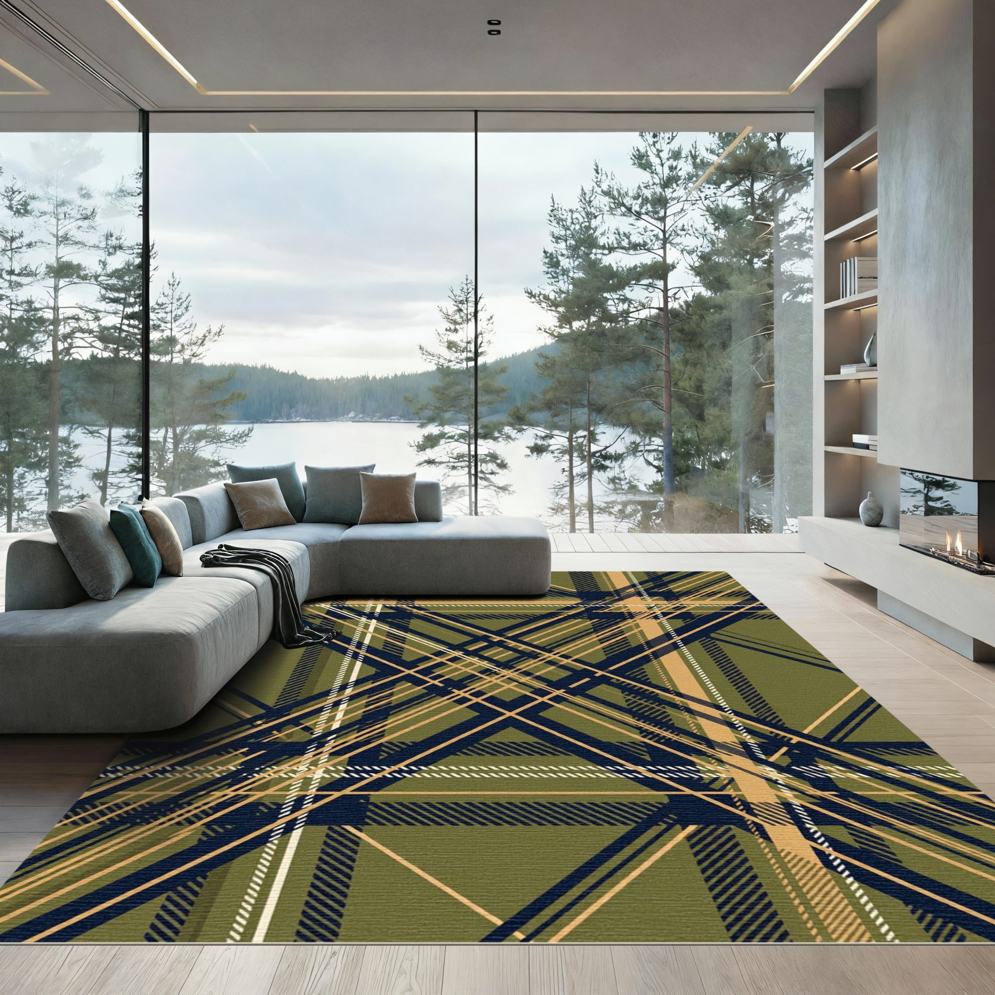 Olive Green and Navy Plaid Grid Rug