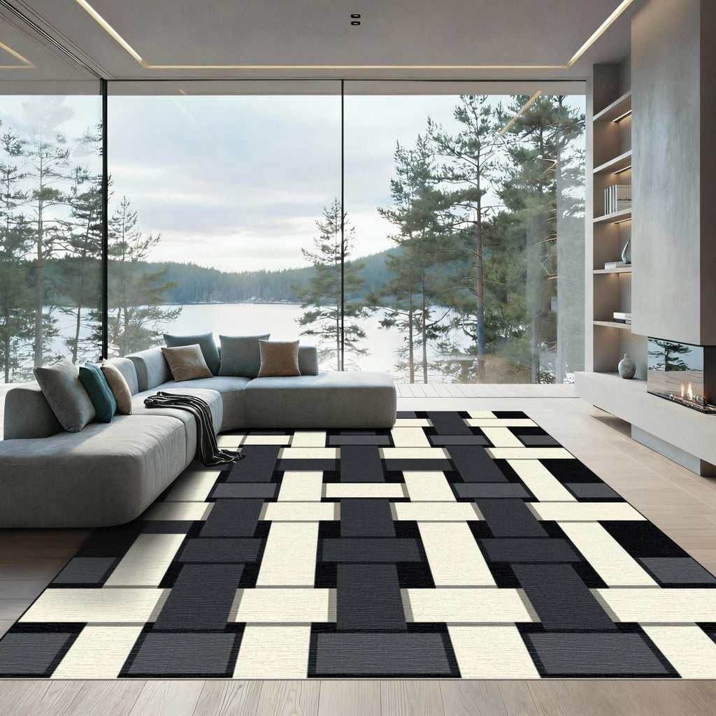 Modern Monochrome Interlocking Woven Grid Rug