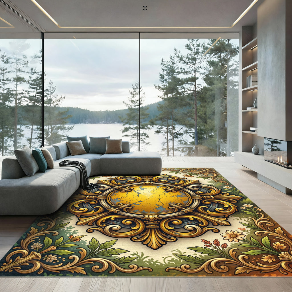 Golden Baroque Crest Floral Medallion Rug