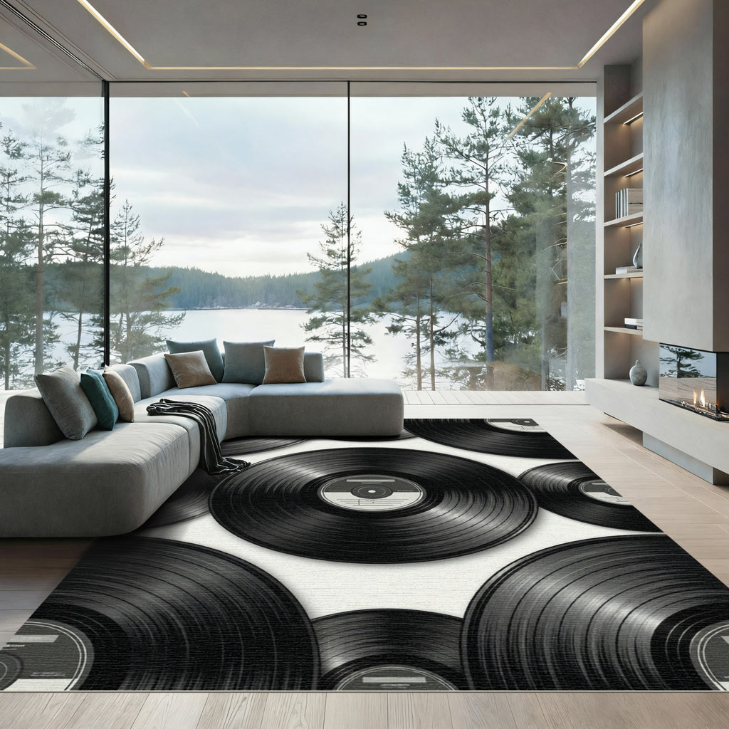 Monochrome Retro Vinyl Record Graphic Rug